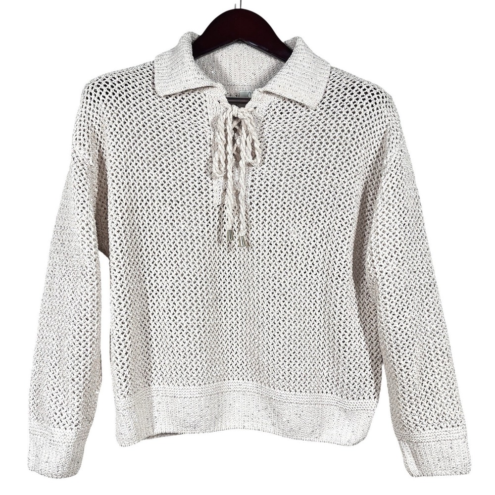 Joie Sparkle Sweater Womens M Glittery Open Knit‎ Lace Up Collar Fairy Whimsy